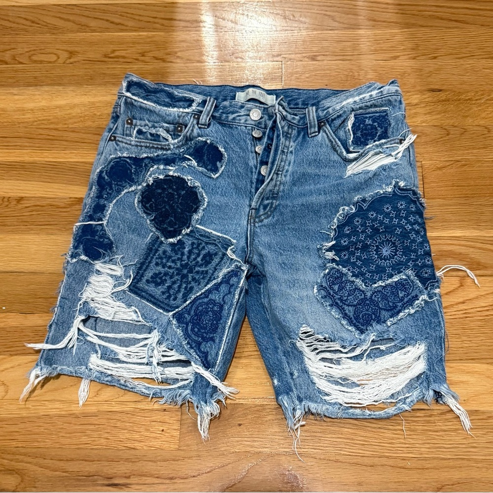 We The Free Blue Distressed Jean Patchwork Shorts - Picture 7 of 10